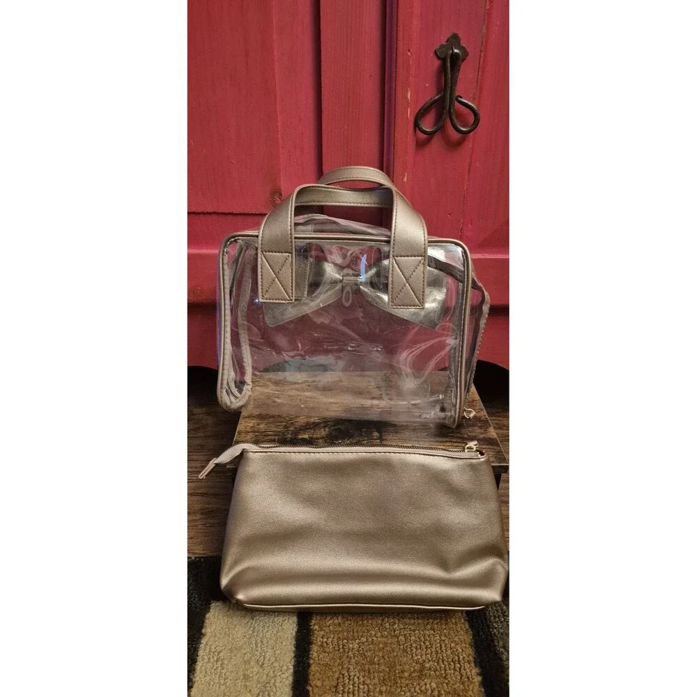 Betsey Johnson 2 Piece Makeup Bag Set Clear With Rhinestone Bow Accent EUC